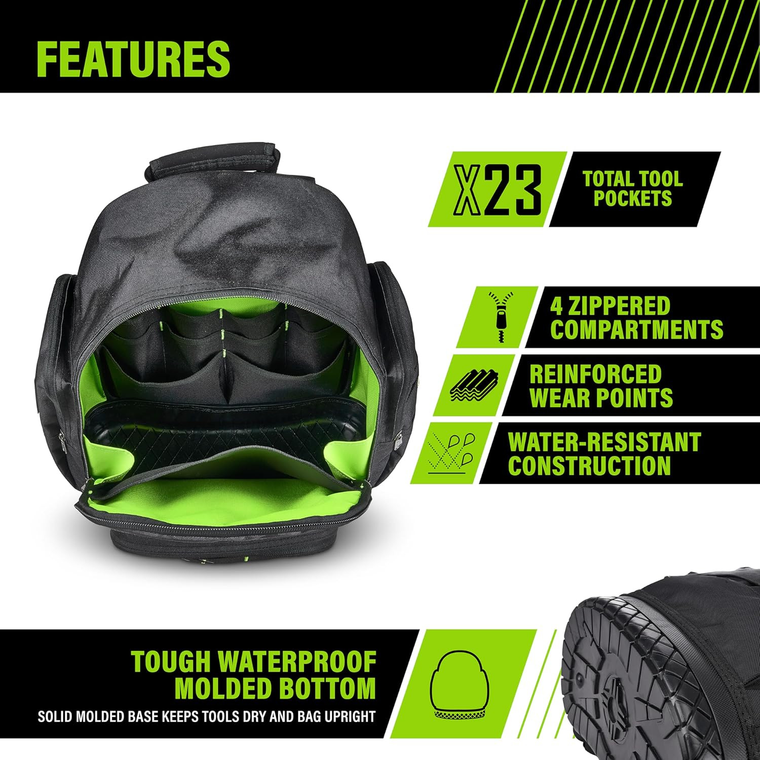 Extreme Tool Backpack, Rugged Polyester Jobsite Backpack with Waterproof Molded