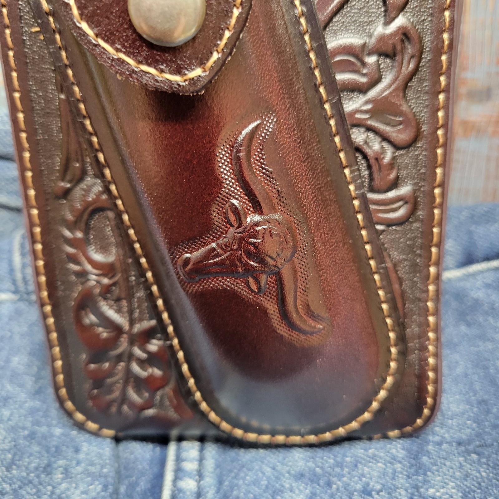 Longhorn Leather Phone Holstor With Knife Sheath & Belt Clip Sz LARGE 7×4″