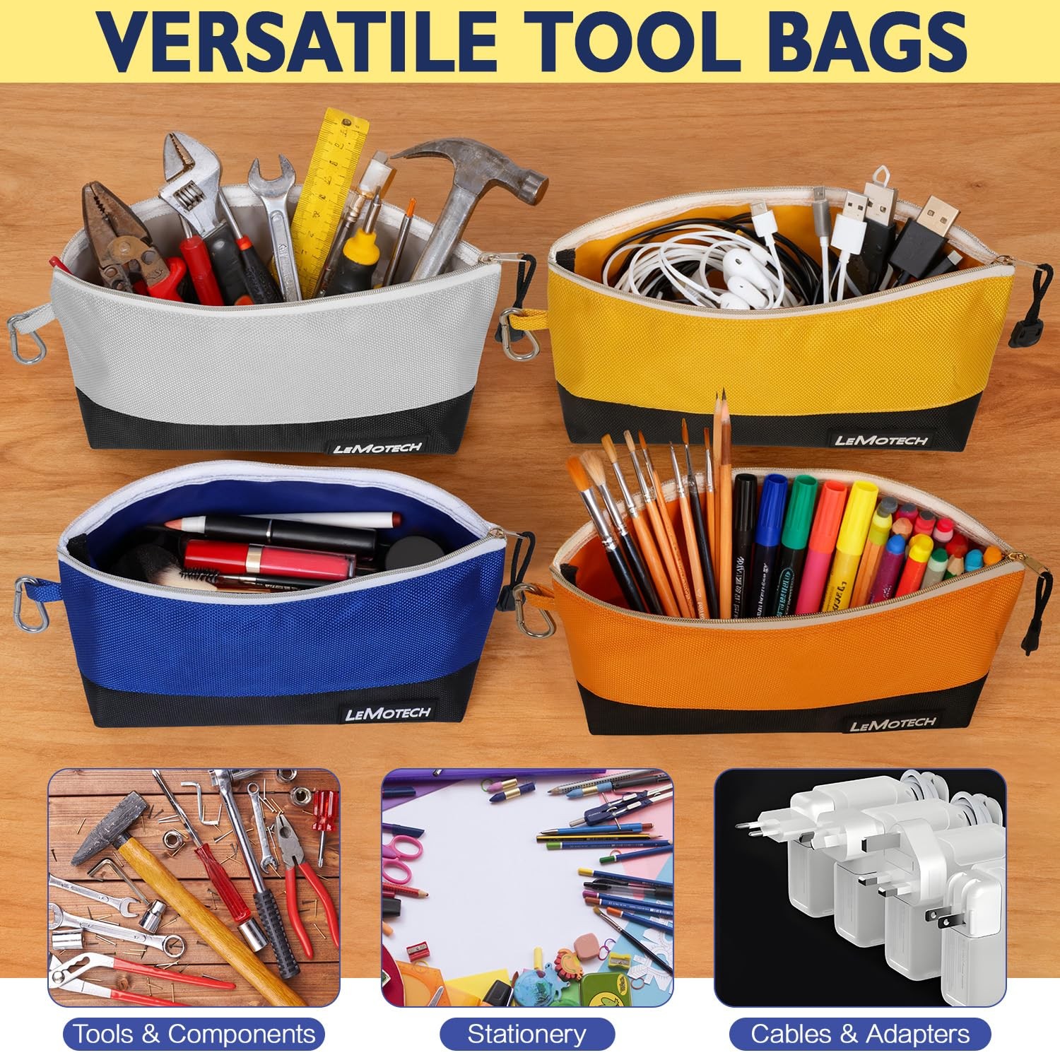 Tool Pouches With Zipper Stand-Up Small Bag Water Resistant 12 Inch 4 Pack