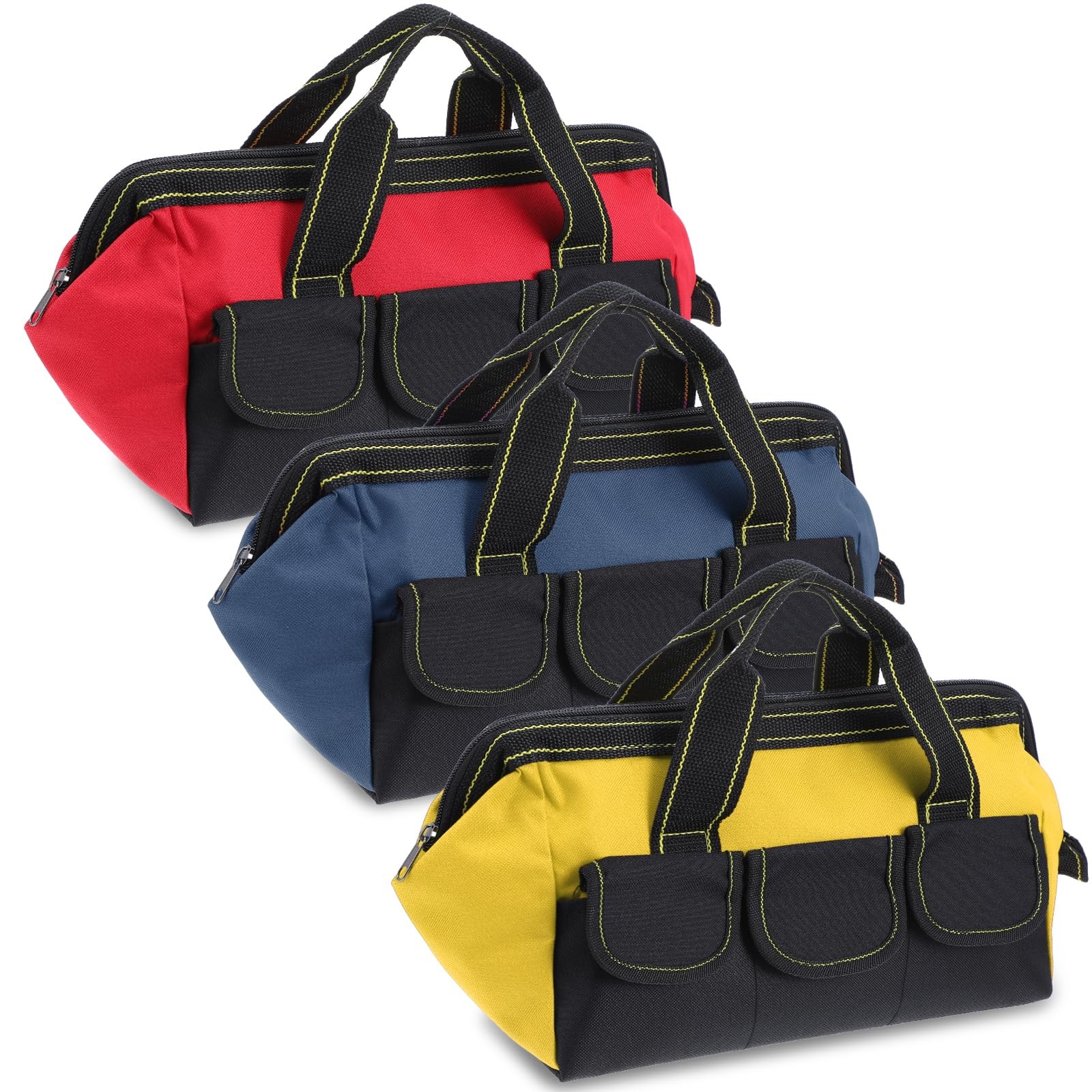 3 PCS 13 Inch Wide Mouth Tool Bag Waterproof Base 5 Pockets Blue Yellow Red