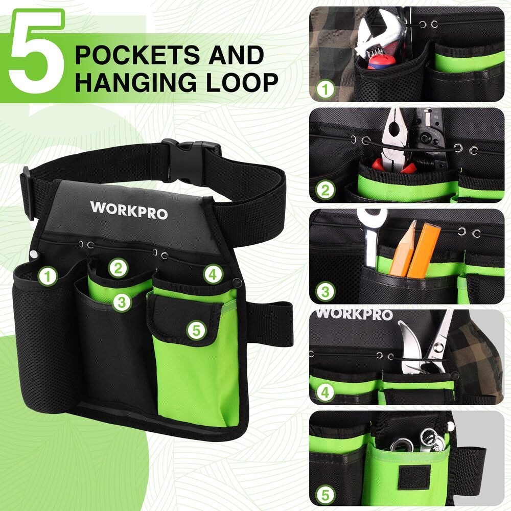 WORKPRO Garden Tool Belt 5-Pocket Single Side Pouch Utility Garden Waist Bag New