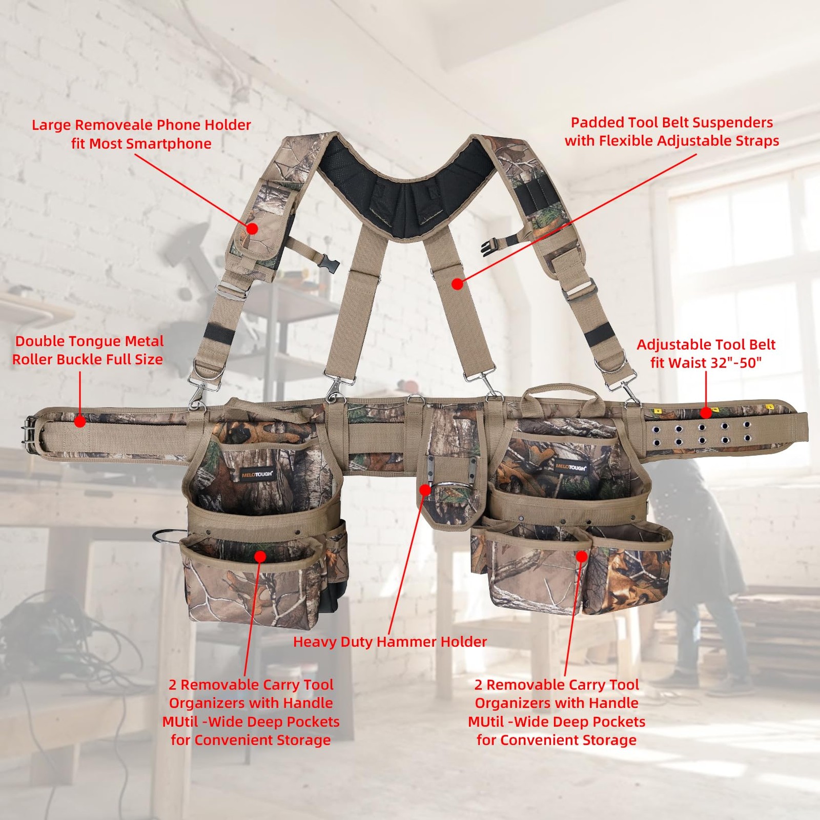 Heavy-Duty Camouflage Tool Belt with Suspenders for Electricians and Carpenters