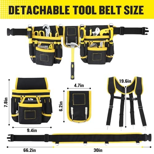 Tool Belt, Professional Tool Belts with Suspenders, Magnetic Tool Pouch Yellow