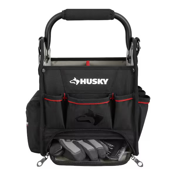 Husky Tool Tote Bag 10in Heavy Duty Tool Organizer Parts Bin Shoulder Strap
