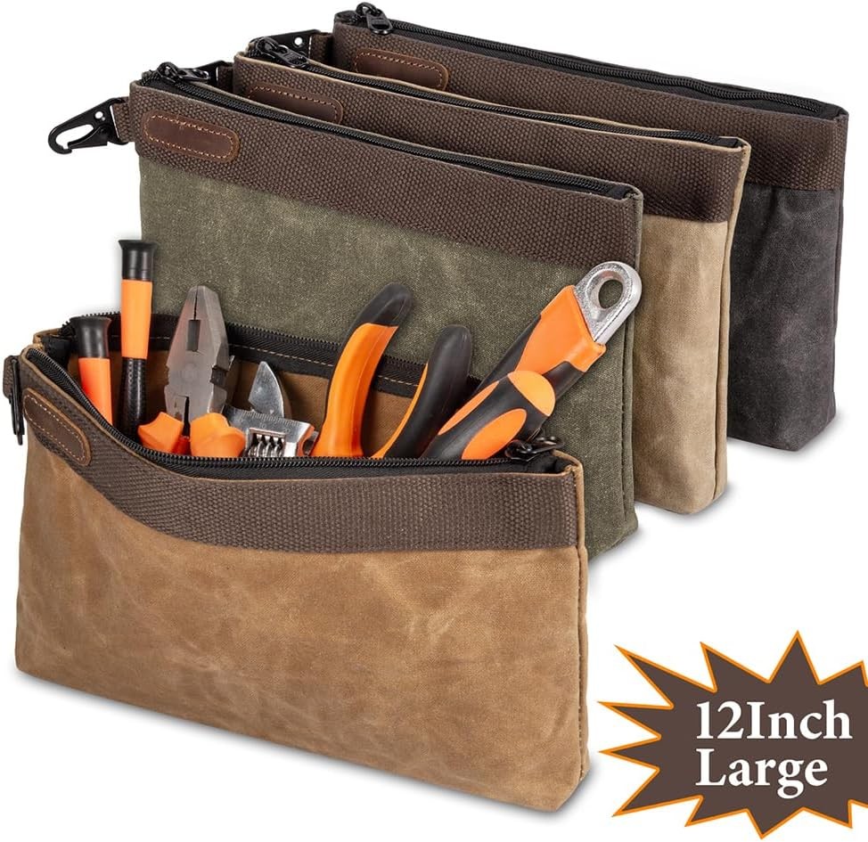 Waxed Canvas Tool Pouches 4 Pack – 11-Inch Heavy-Duty Zipper Tool Bags Set