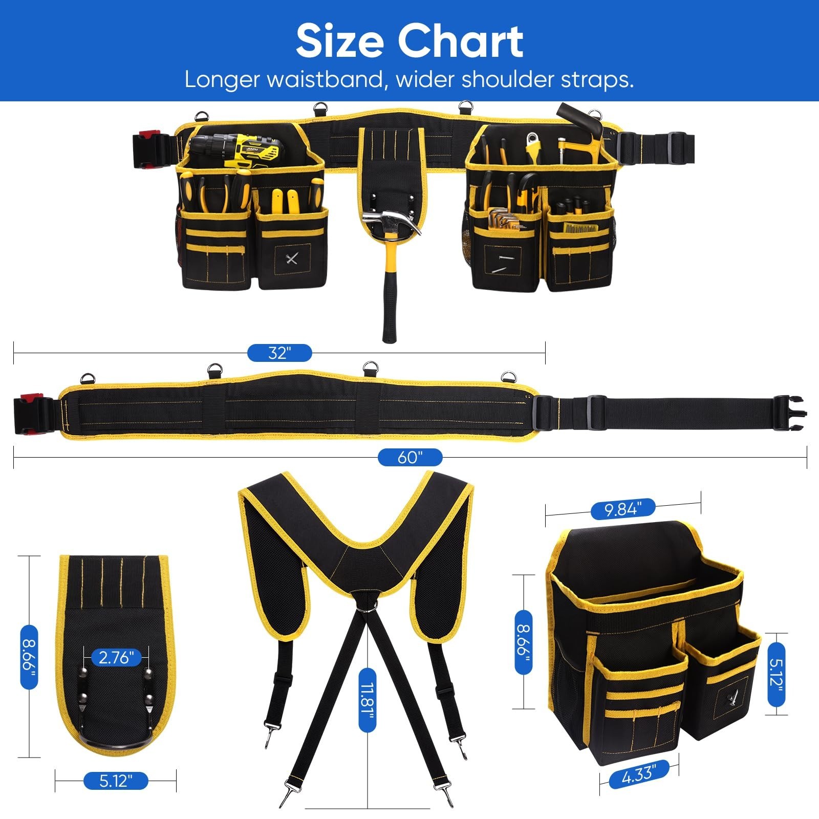 Heavy Duty Tool Belt with Suspenders, 28 Pockets, Magnetic, Adjustable 32″-66