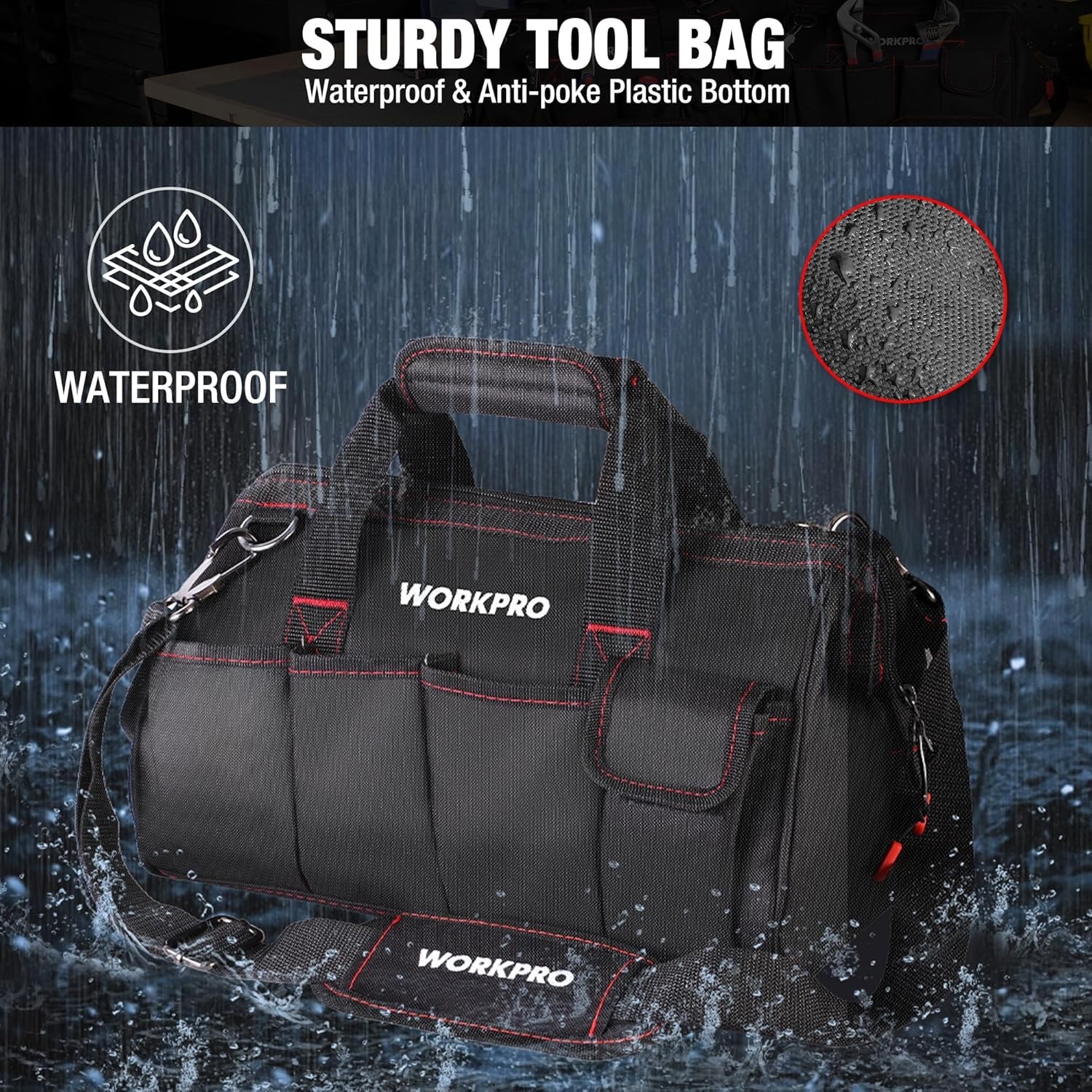 16-inch Waterproof Tool Storage Bag Wide Mouth Multi-Pocket Organizer