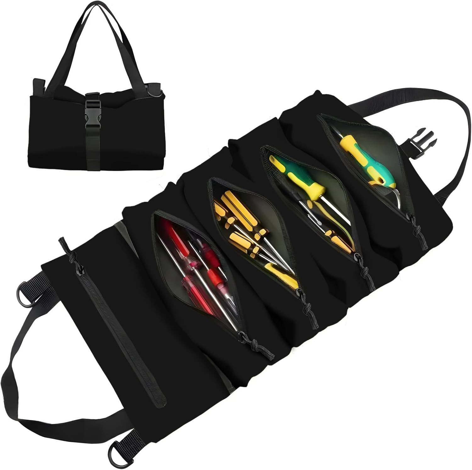 Multi-Purpose Tool Roll Up Bag 5 Pocket Wrench Pouch Canvas Hanging Organizer US