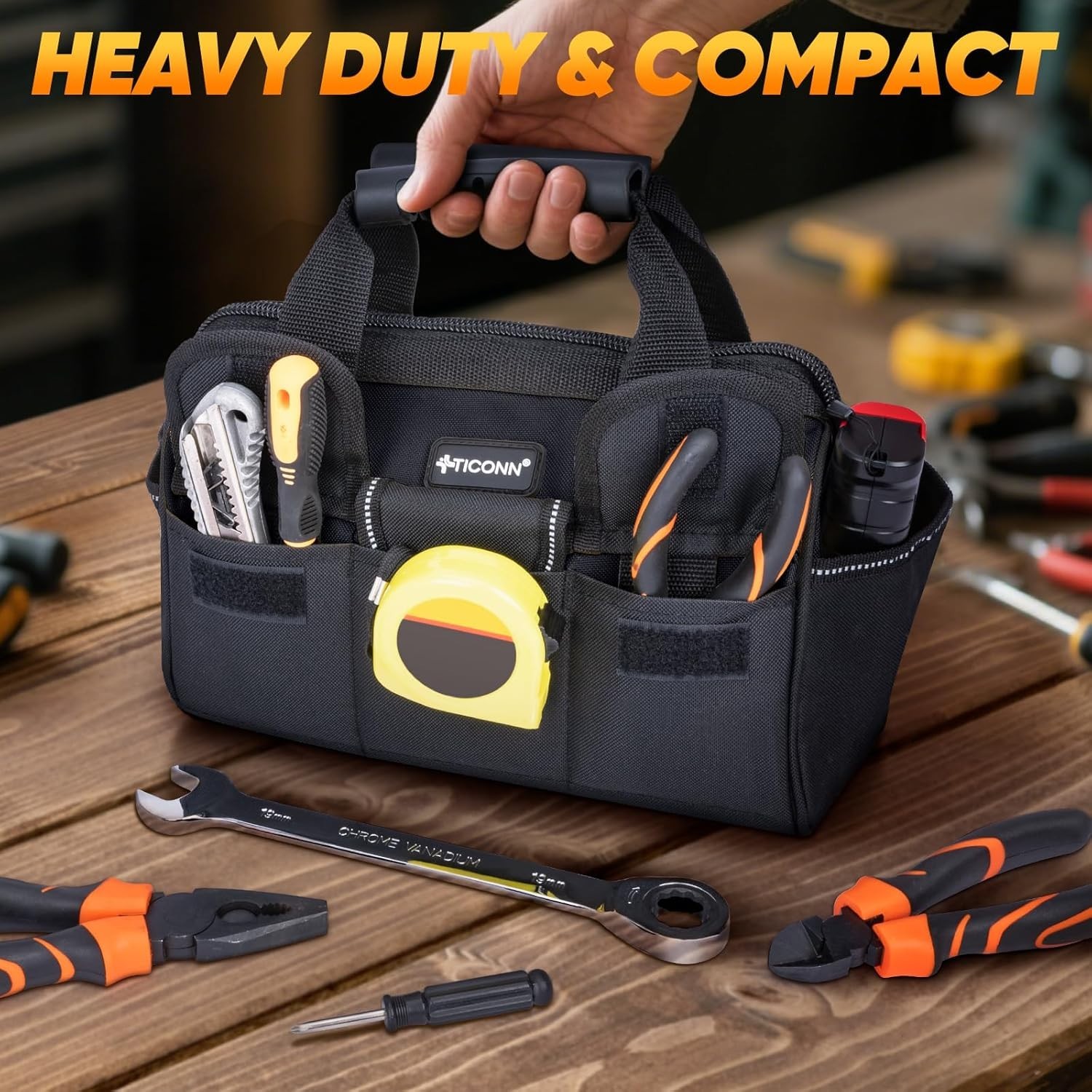 Rugged 12″ Tool Bag with Wide Opening and 8 Pockets – Ideal for Professionals