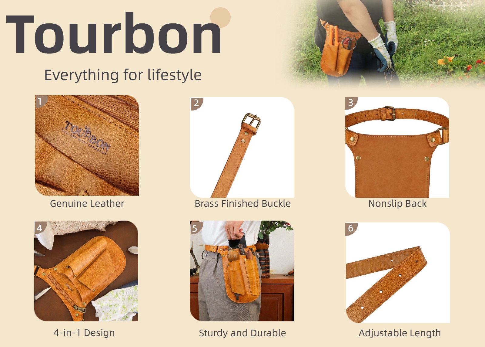 TOURBON Leather Gardening Tools Belt Florist Holder Bag Utility Pouch Phone Case