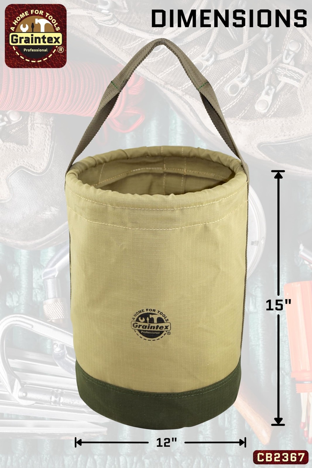 Canvas Utility Bucket 12×15 Inch Round Tool Bag Reinforced Base Carry Handle