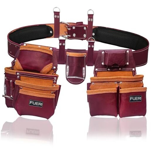 Heavy Duty 19 Pocket Leather Tool Belt Multipurpose Pockets Maroon 19 Pocket