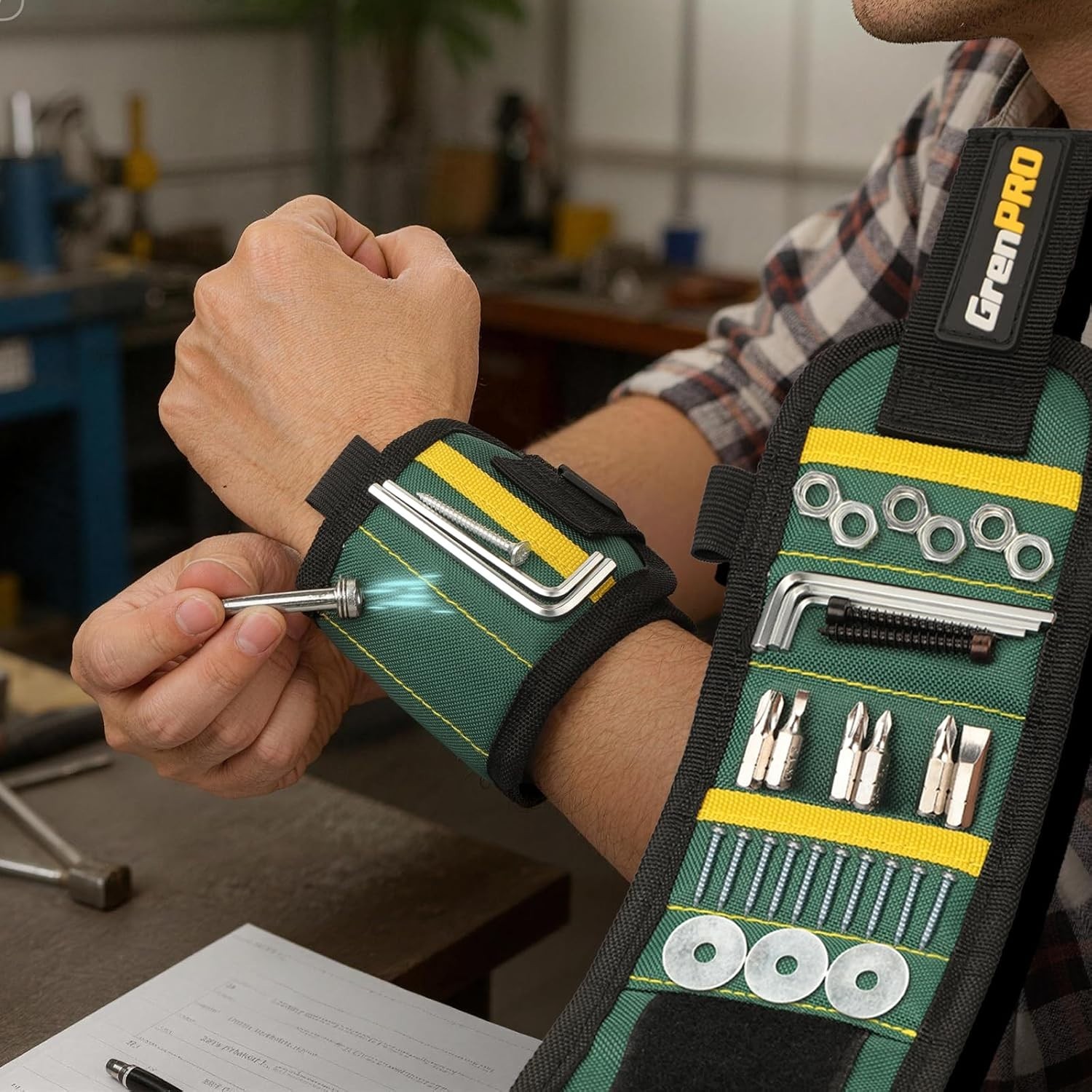 Magnetic Tool Wristband with 3 LED Flashlights Heavy Duty Oxford Belt for Hol…