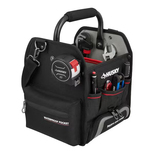 Husky Tool Tote Bag 10in Heavy Duty Tool Organizer Parts Bin Shoulder Strap