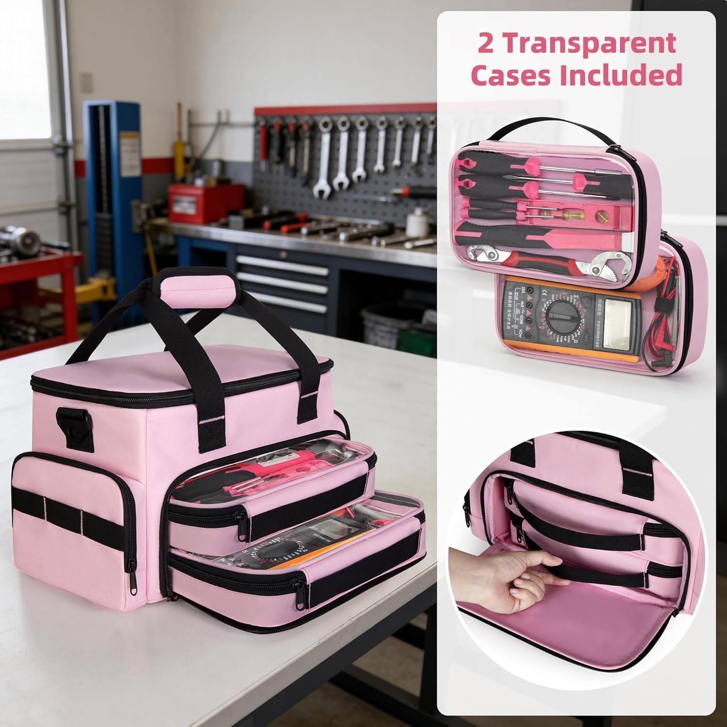 Pink Tool Bag for Women 12 Inch Organizer with Double Layer and Clear Pouches
