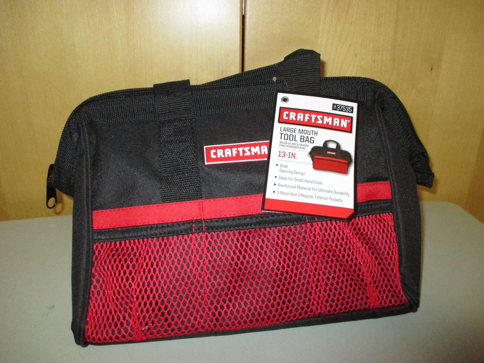 Craftsman 13 Inch Large Mouth Tool Bag – Black with Red Mesh Pockets