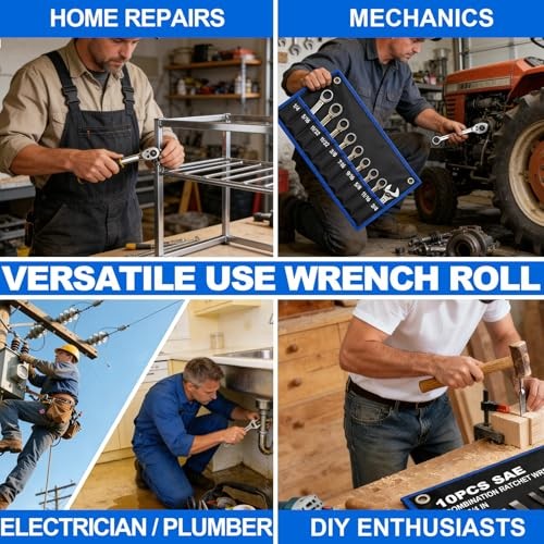 2PCS Wrench Roll, Wrench Roll Up Pouch – 10 Pockets SAE + 14 Pockets Metric