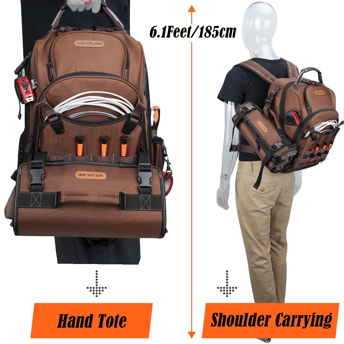 WELKINLAND 70Pockets HVAC Tool Backpack With Roll, 4-Piece Brown & Black