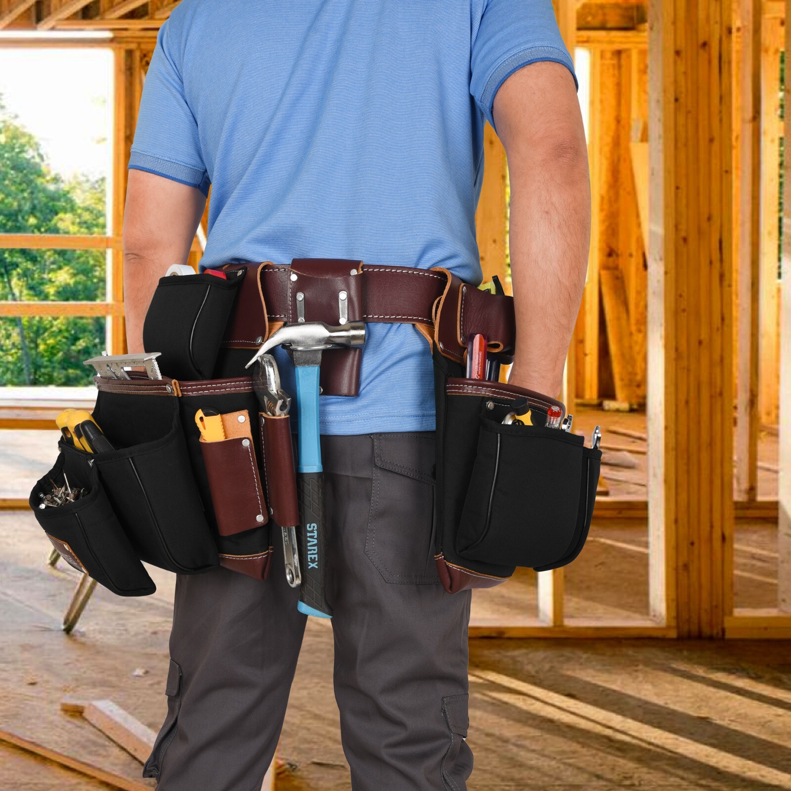 TRUTUCH Black Nylon & Leather Tool Belt with Nylon Work Suspender | Tool Belts