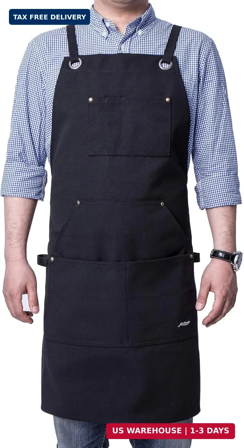 Heavy Duty Canvas Work Apron,Tool Pockets, Back Straps Adjustable(black)