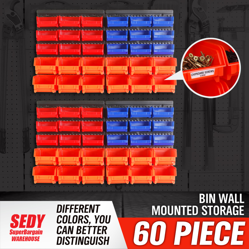 60 PC Bins Wall Mounted Storage Solution Rack Nuts & Bolts Organizer Small Parts