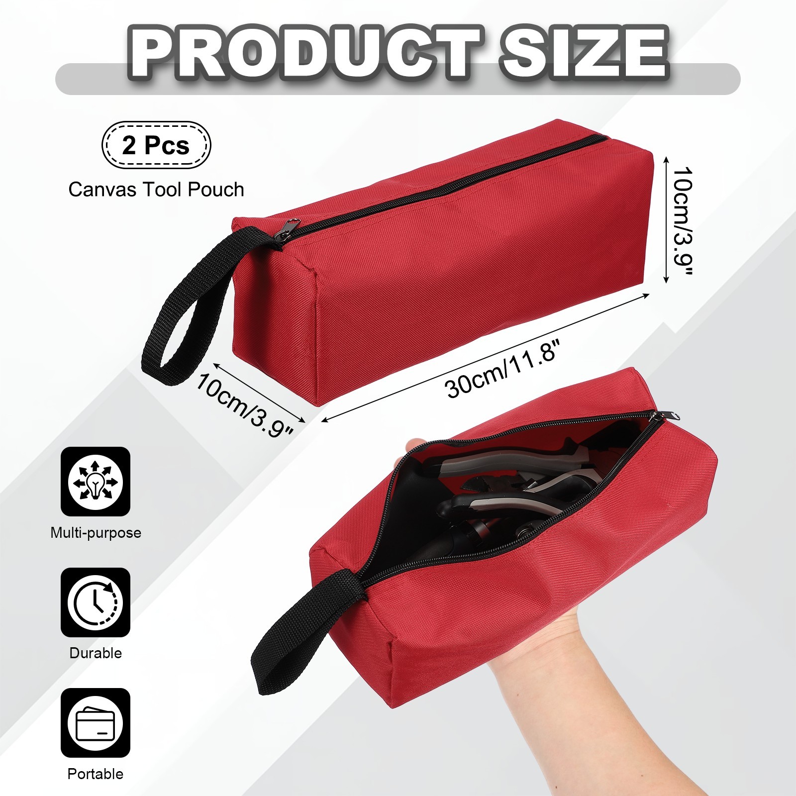 2 Pcs Red 11.8×3.9×3.9″ Multi Purpose Canvas Zipper Tool Pouch, Red