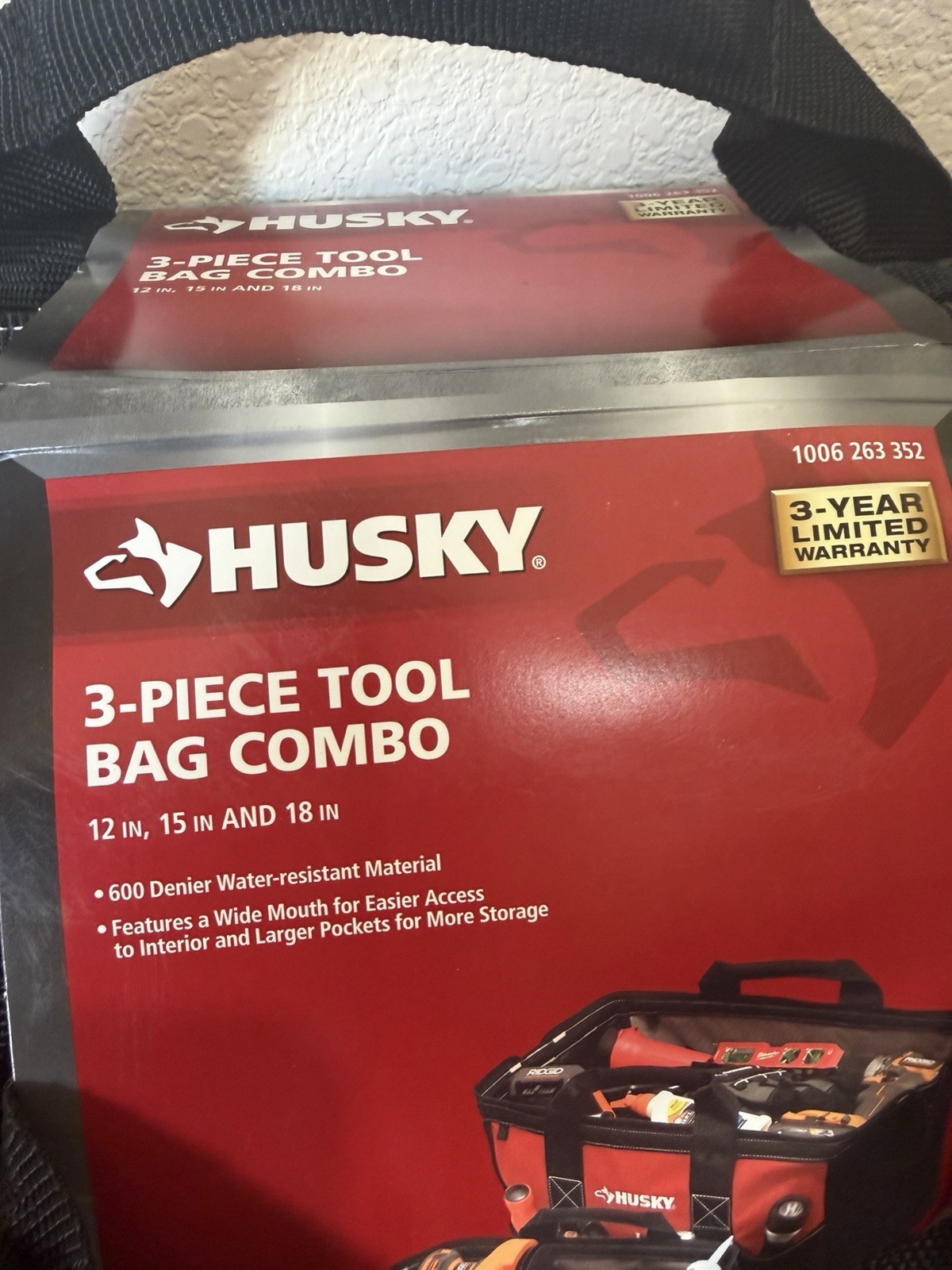 Husky 3 Tool Bag Combo Set -12 inch 15 Inch and 18 inch Bags Water Resistant