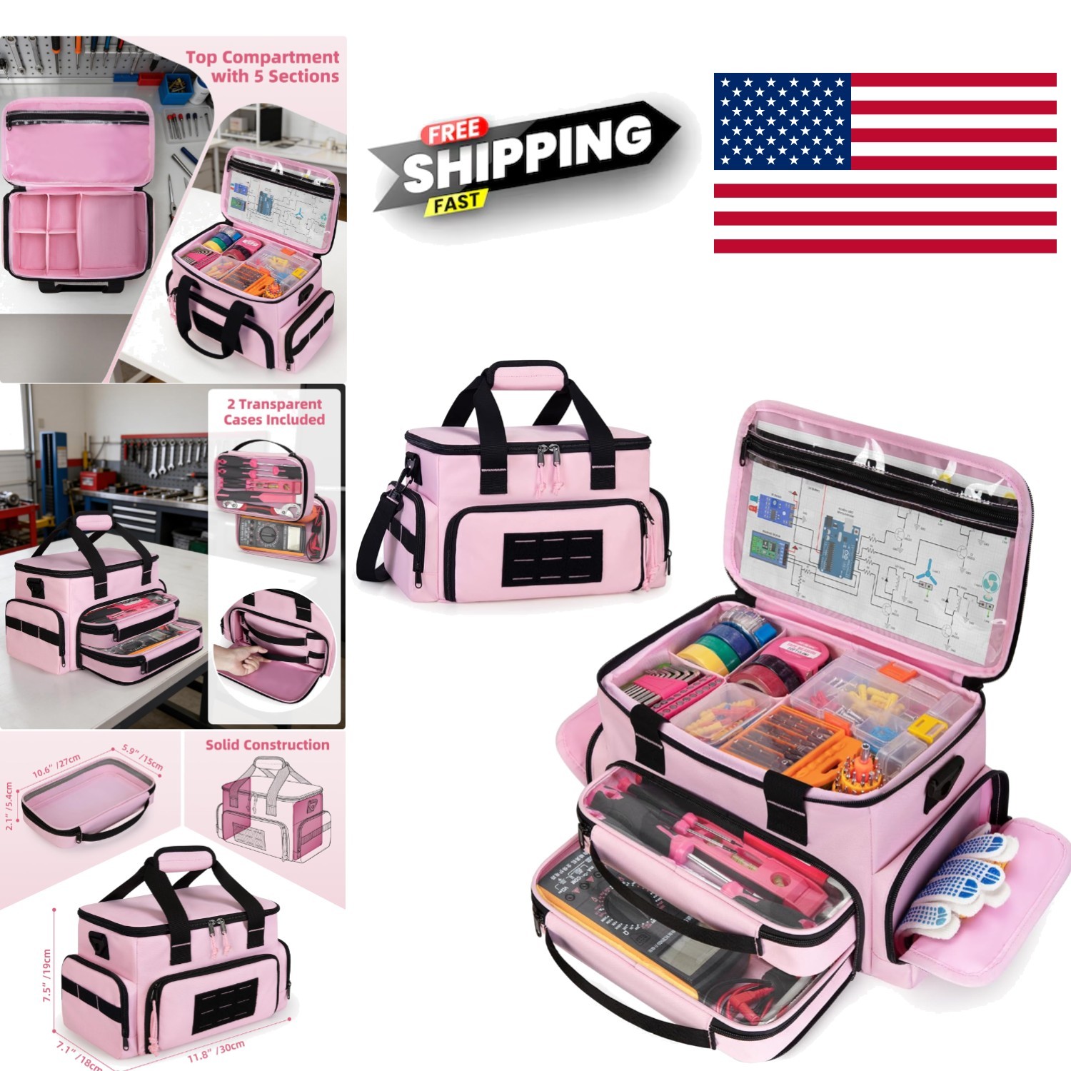 Pink Tool Bag for Women 12 Inch Organizer with Double Layer and Clear Pouches