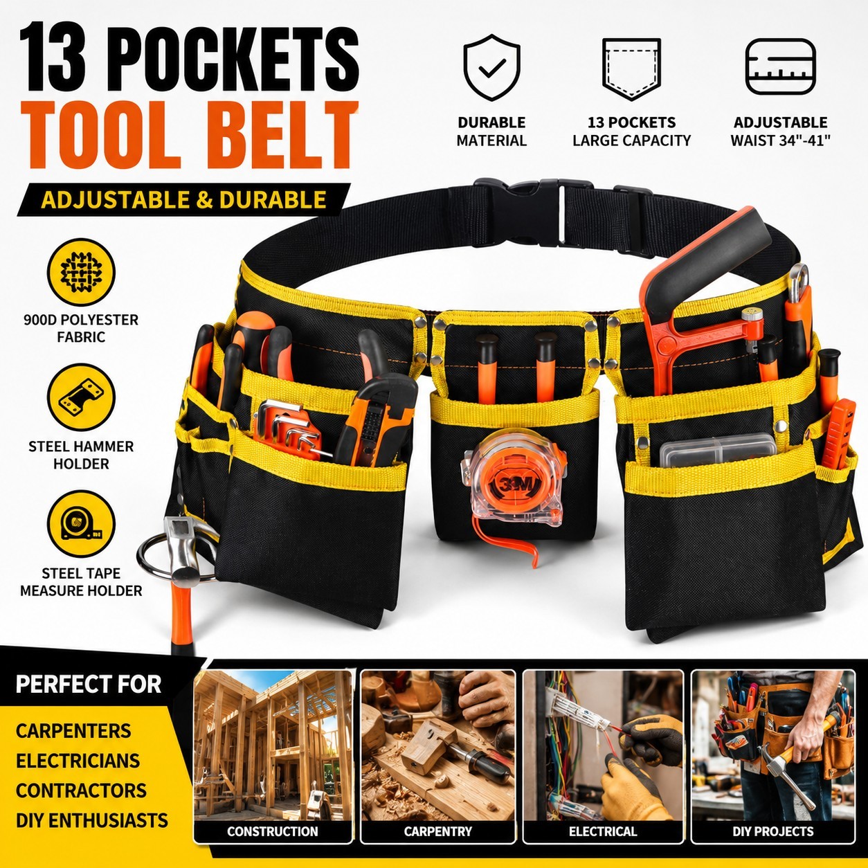 13 Pocket Tool Belt Adjustable Heavy Duty Carpenter Electrician Waist Pouch
