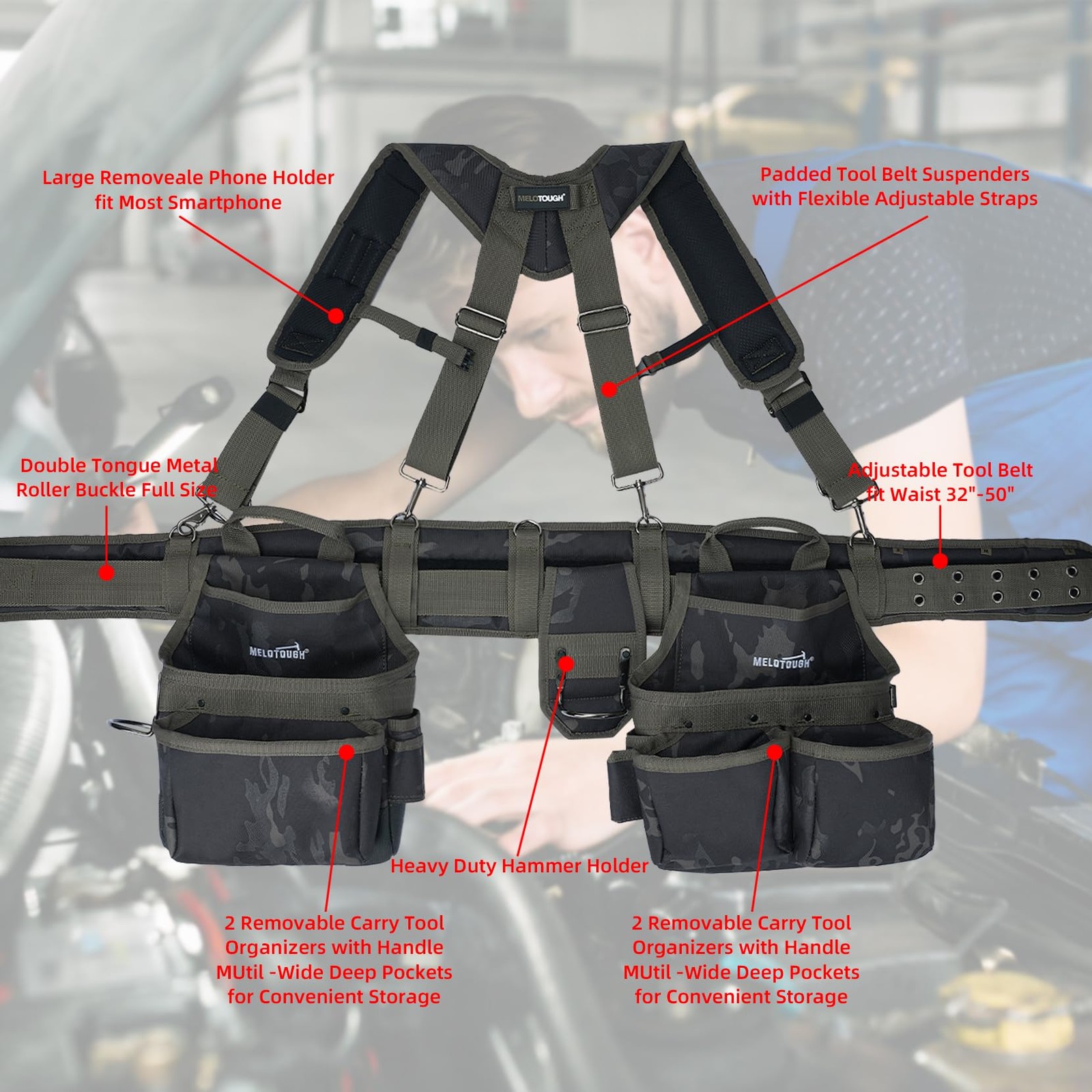 Camo Tool Belt with Suspenders Camouflage Tool Pouch Organizer Supenders Fram…