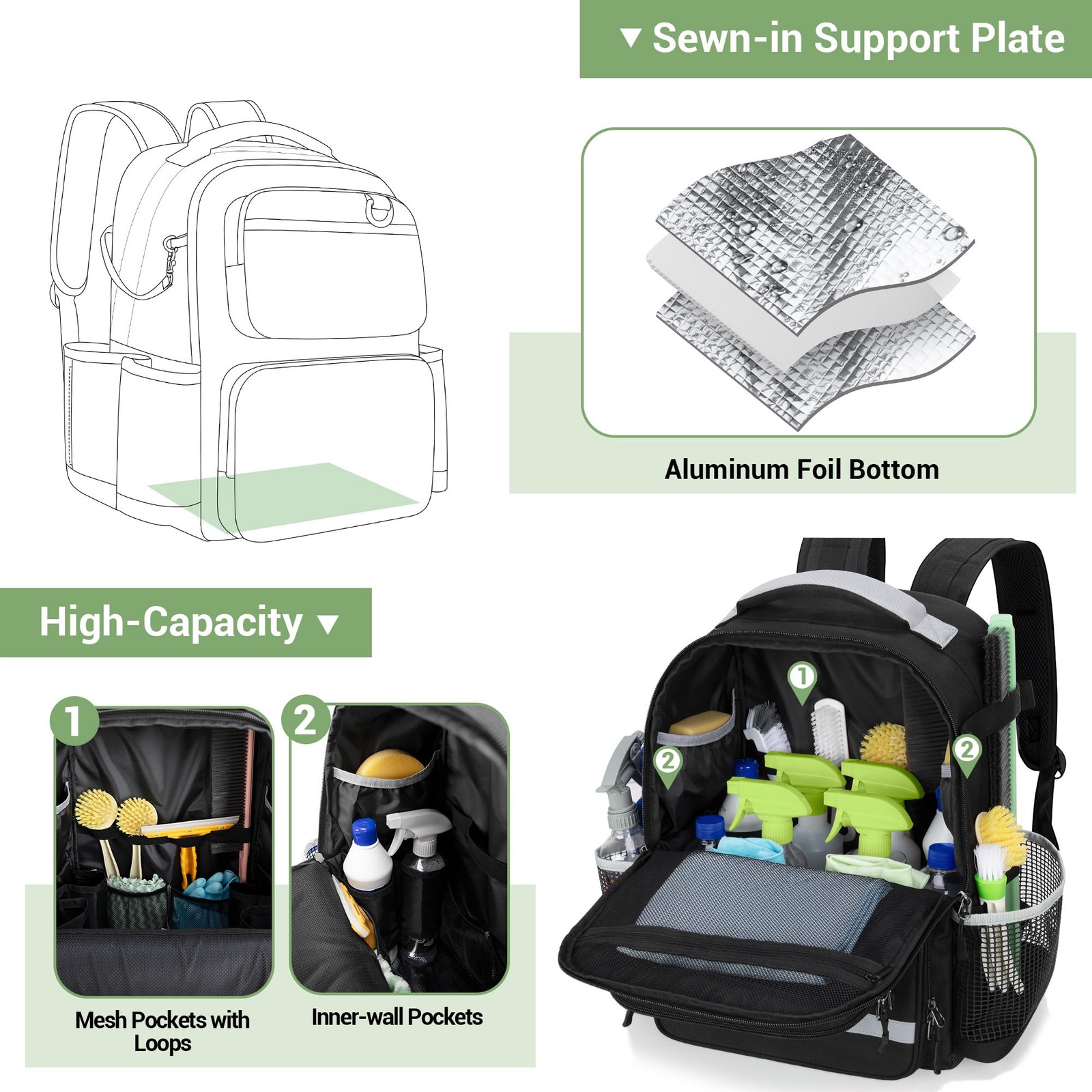 Cleaning Backpack with Bottom Plate & Waterproof Medium, Black