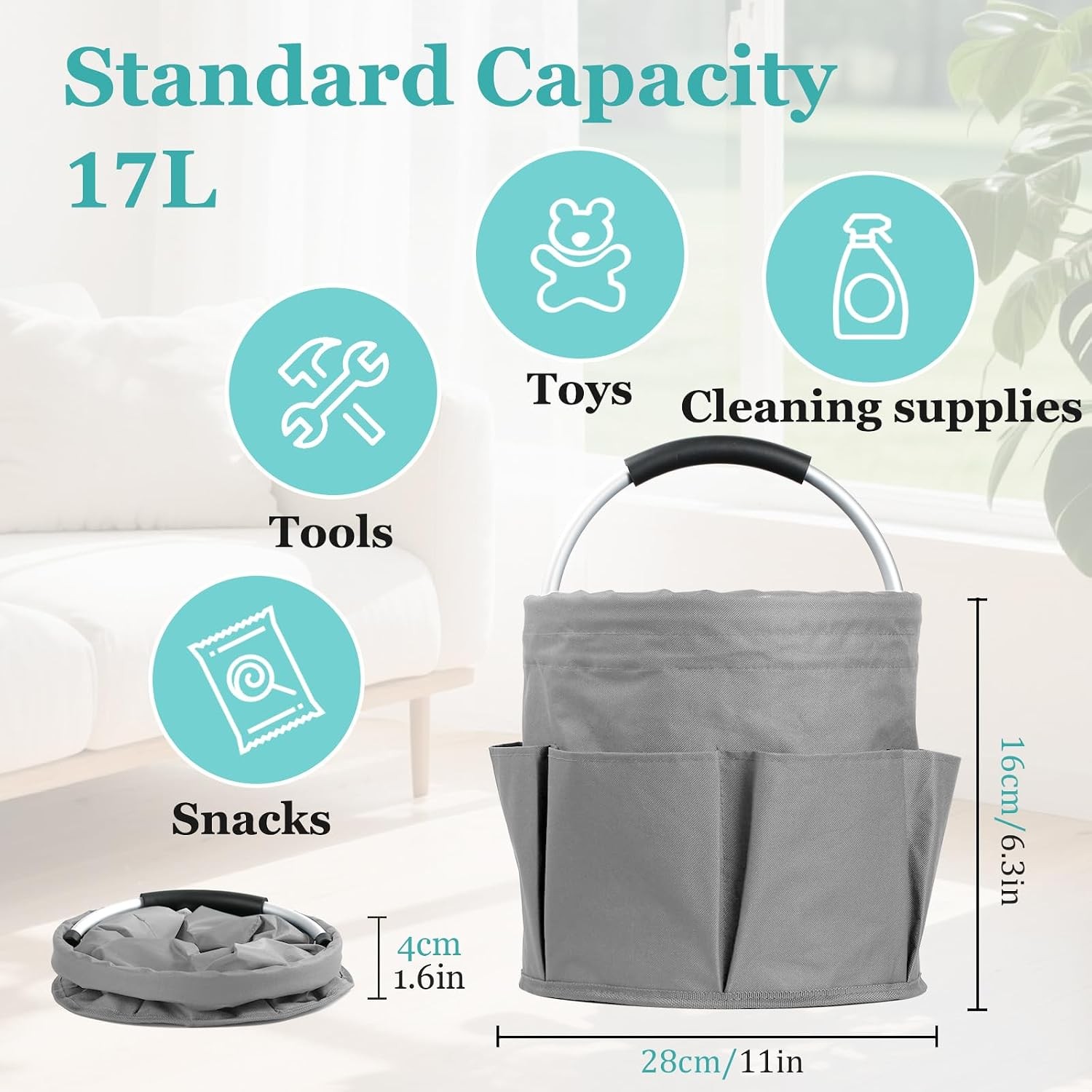 Tool Bag 17L Bathroom Tote Caddy W/ Handle Garden Tool Organizer Foldable Tool