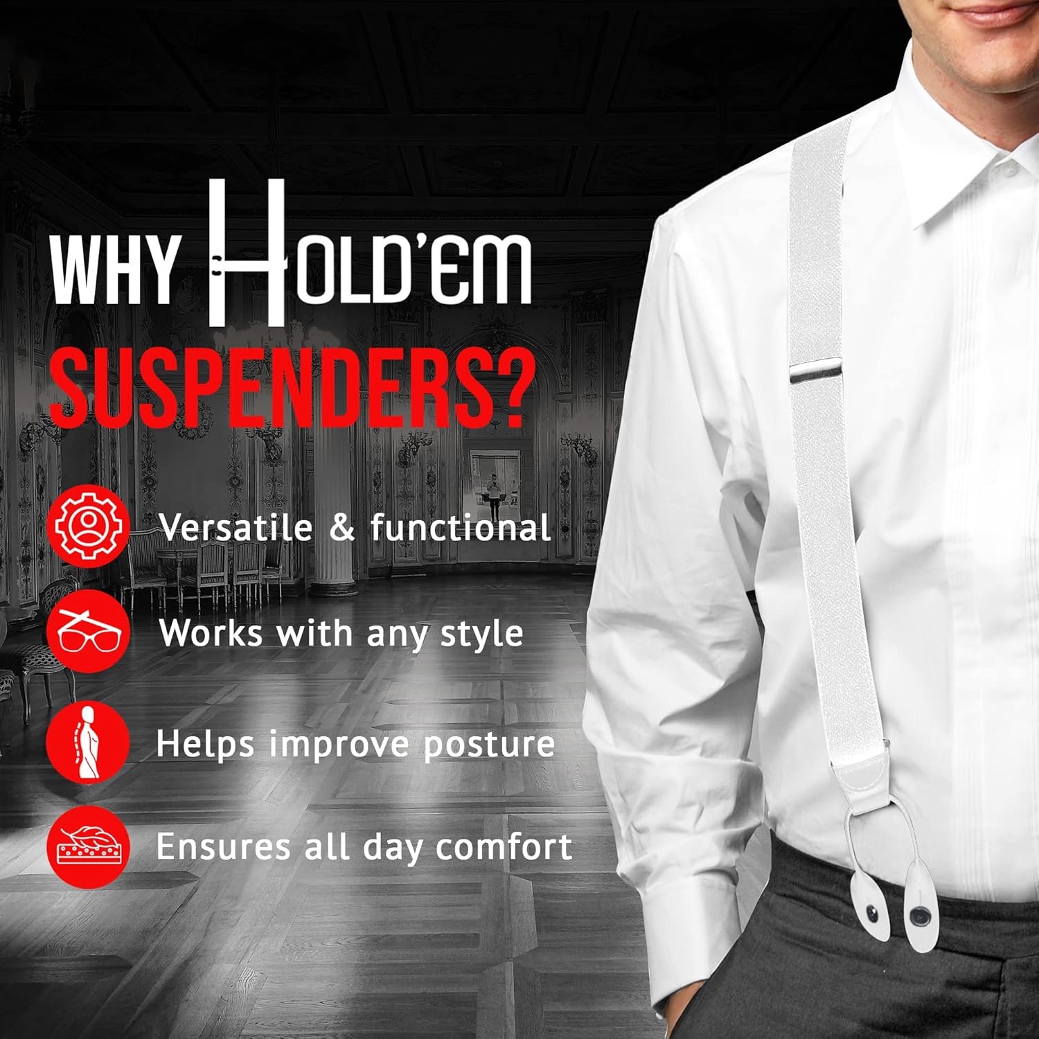 HOLD’EM Tuxedo Suspenders for Men Black Genuine Regular – 46 Inches, A White