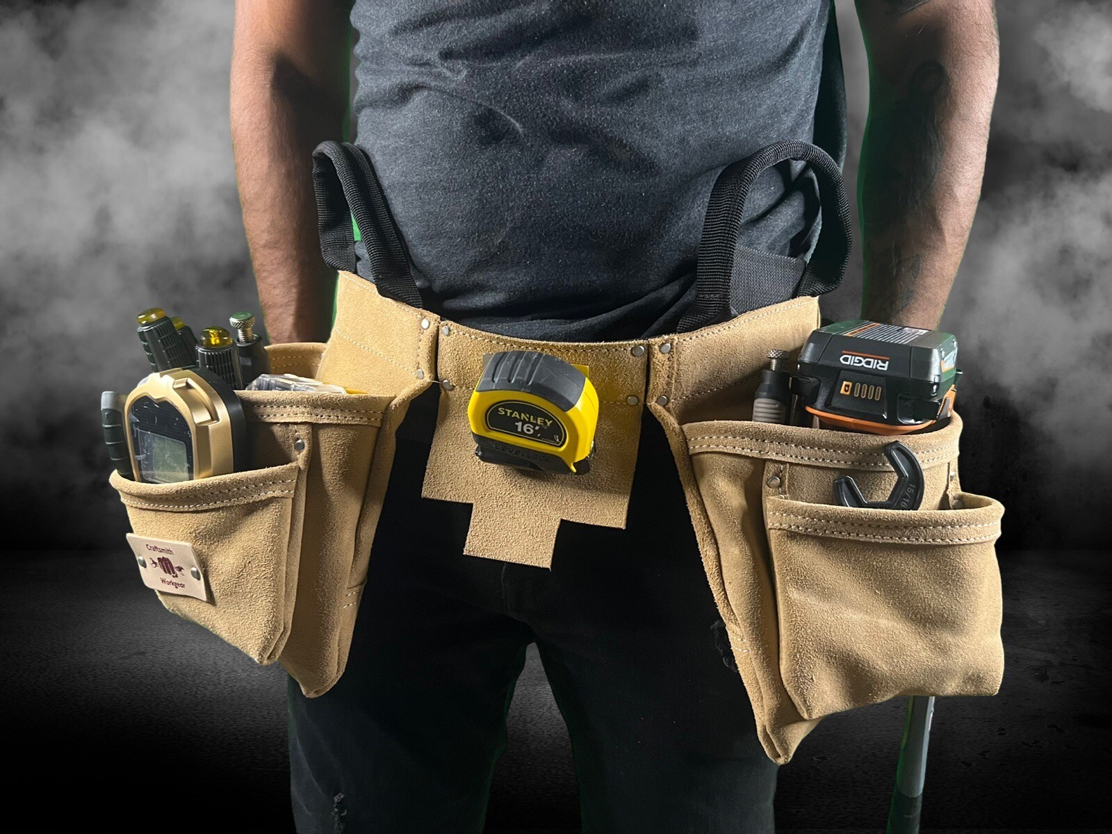 Heavy Duty Split Suede Leather Construction Tool Pouch Belt + Carry Handles