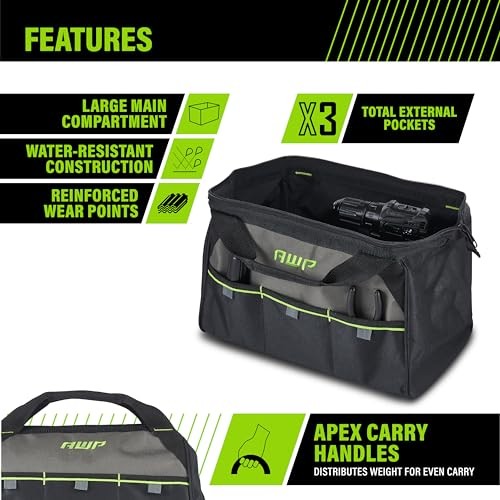 AWP 15 Inch Tool Bag Durable Polyester Tote Organizer for Contractors Black