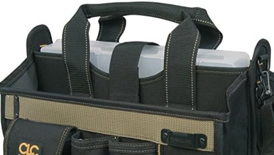 Stylish CLC 16 In. Tool Bag with Adjustable Strap and Parts Tray Included