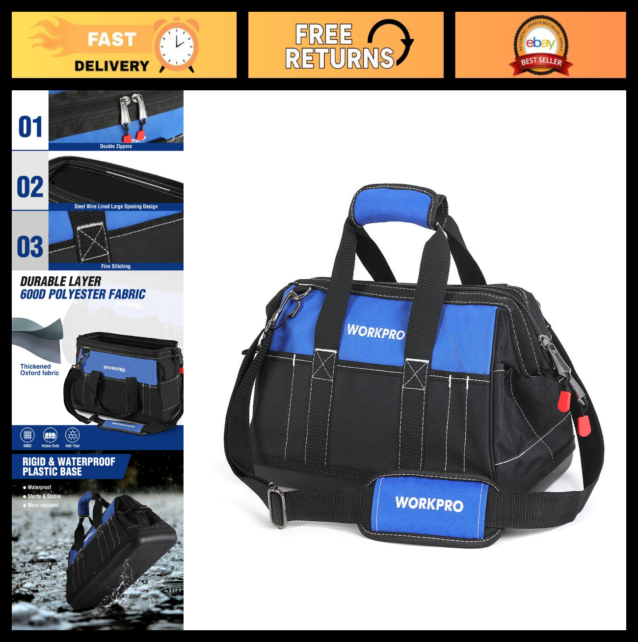 16″ Wide Mouth Tool Bag with Waterproof Base | Multi-Pocket, Heavy Duty, Adjusta