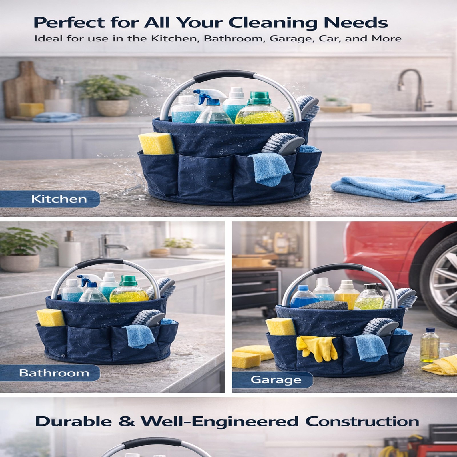 Cleaning Caddy with Handle, Foldable 17L Cleaning Supplies Basket with 6 Pockets