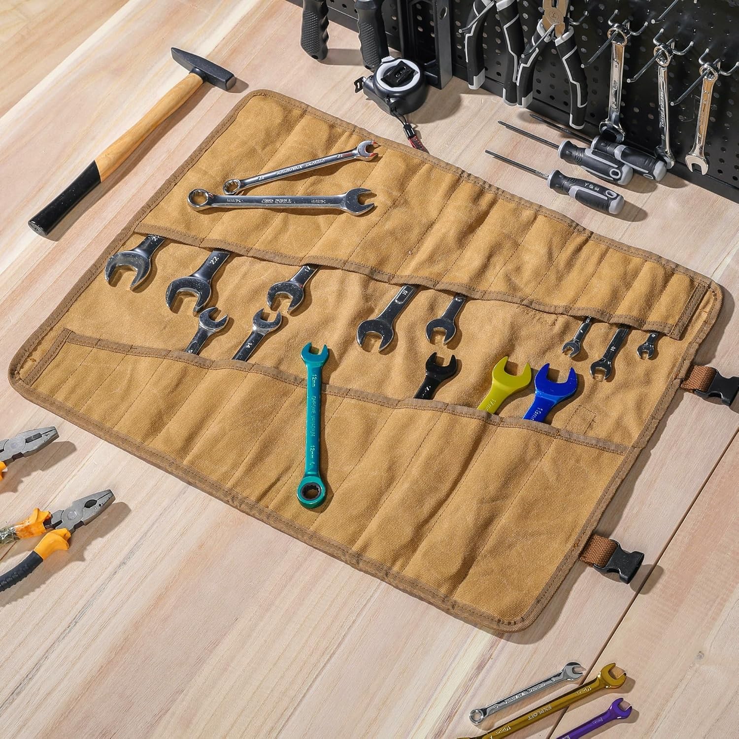 Wrench Roll up Organizer Pouch – Heavy Duty 16Oz Waxed Canvas Tool Bag with 24 P