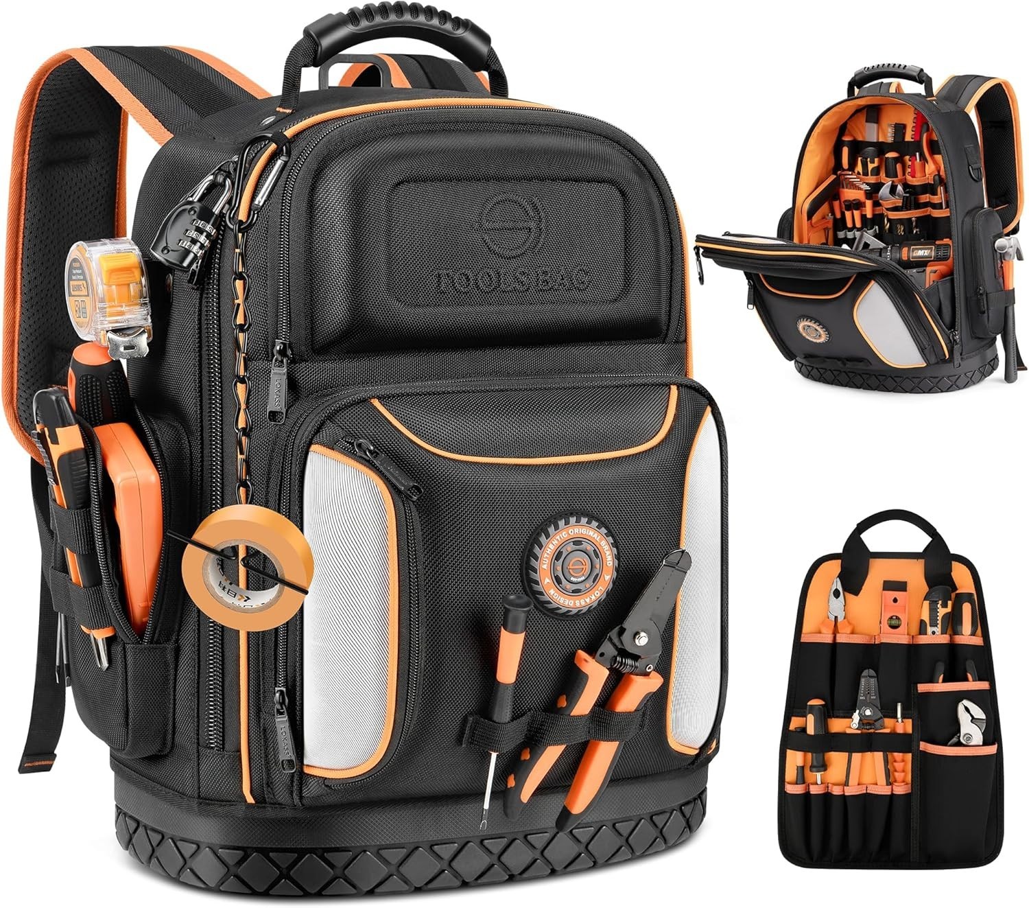Heavy-Duty Tool Bag Backpack with 75 Pockets for Electricians – Black & Orange