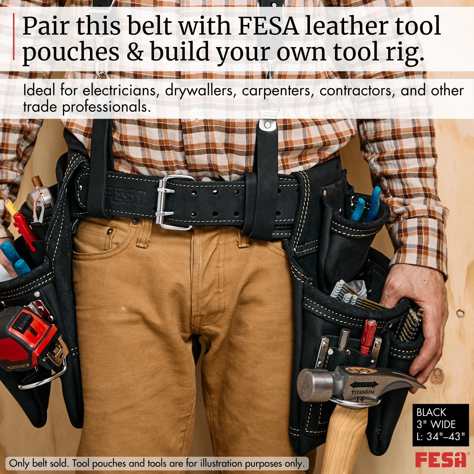 Men’s Leather Tool Belt – Leather Tool Pouch Belt Adjustable from 34”-43” – T…