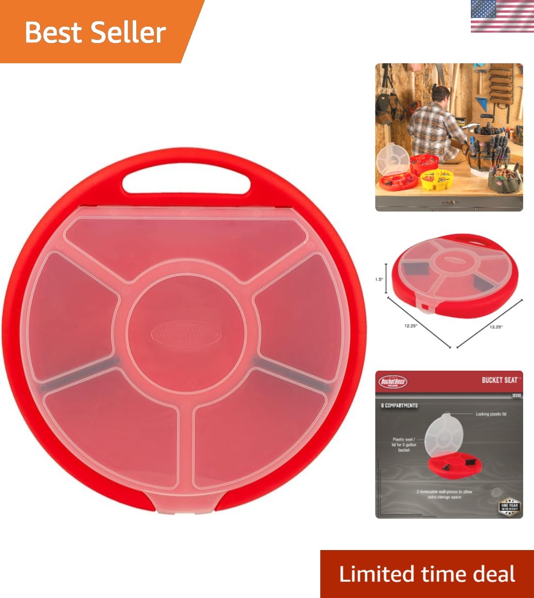Multi-Use Red Bucket Seat Organizer – 6 Compartments & Clear Lid for Visibility