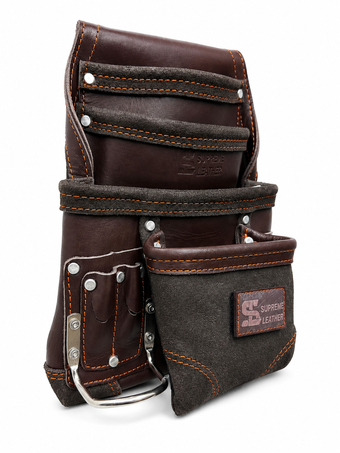 Leather Tool Pouch with Multiple Pockets, Hammer Holder