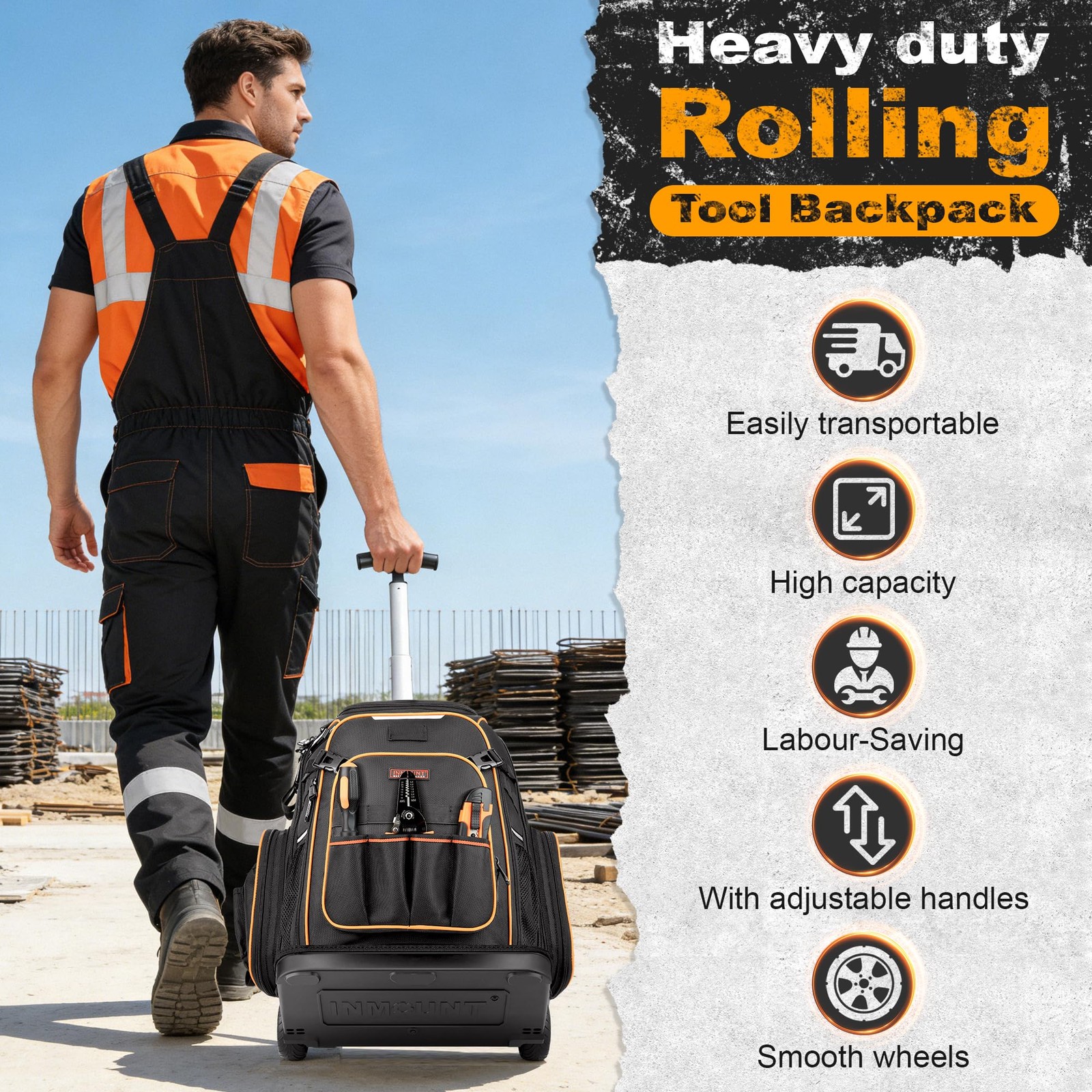 Rolling Tool Backpack Bag with Wheels, Heavy Duty Tool Bag on Wheels for Men, HV
