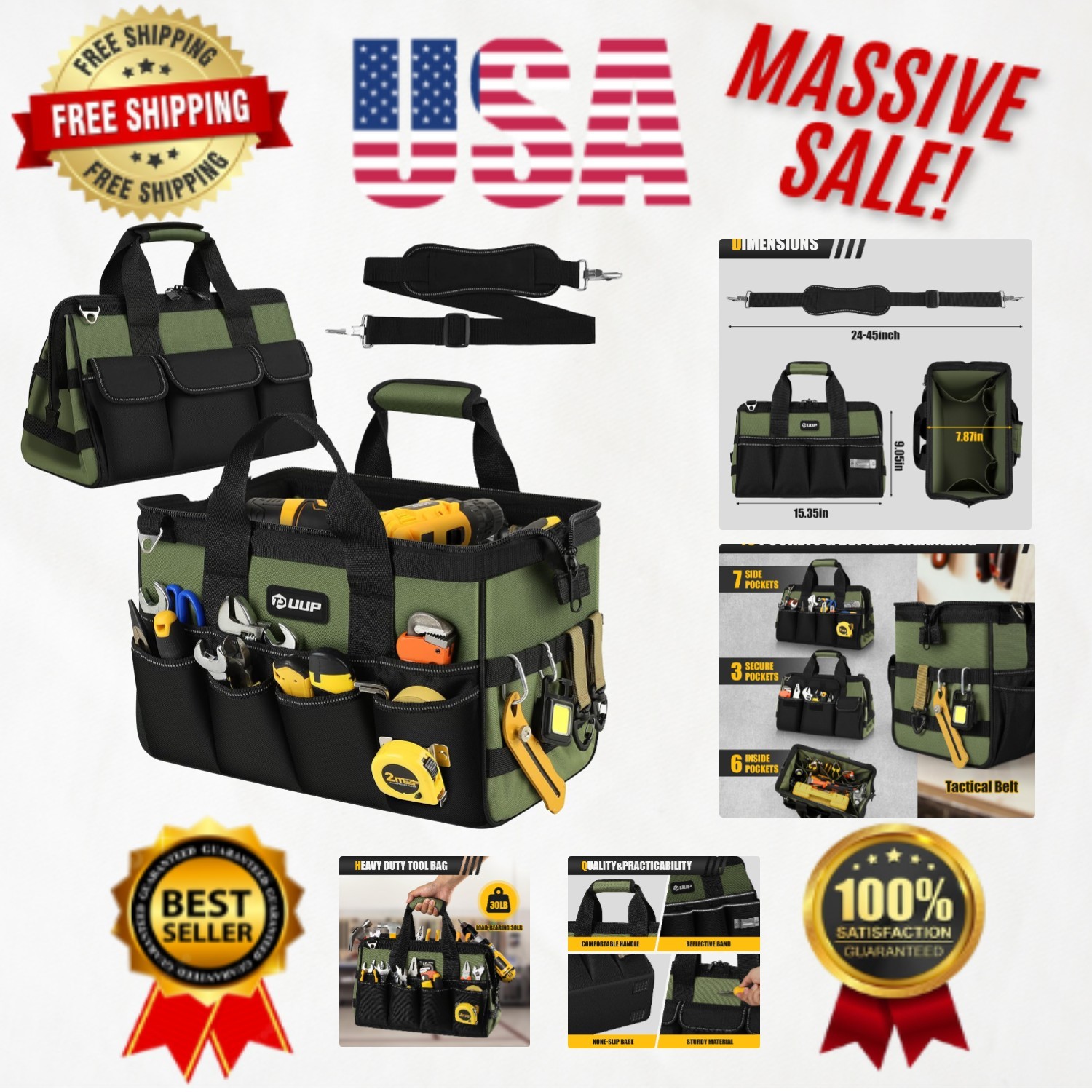 Heavy Duty 15-Inch Tool Bag with 16 Pockets – Ultimate Organization for Tools