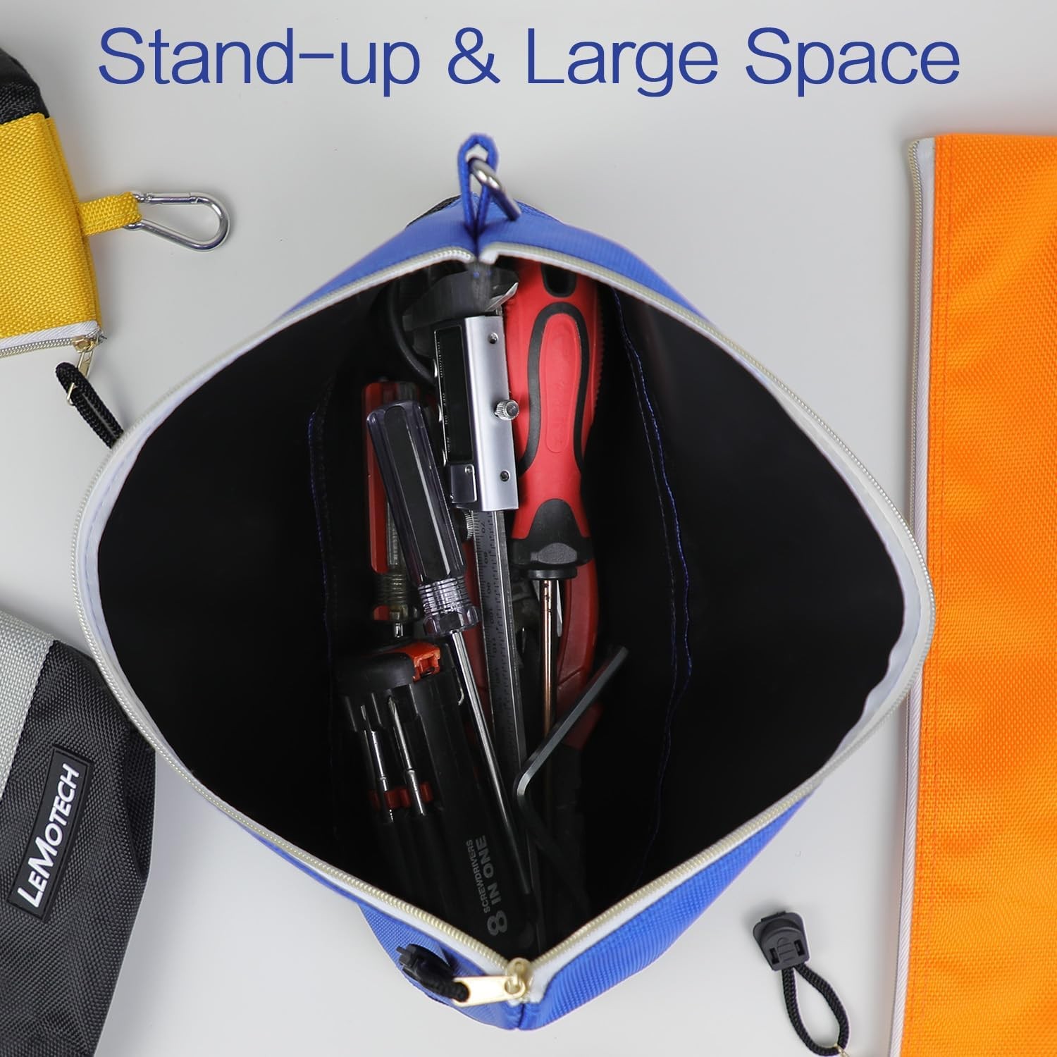 LeMotech Zipper Tool Bag, Stand-Up Pouch with Blue;Orange;Grey;Yellow