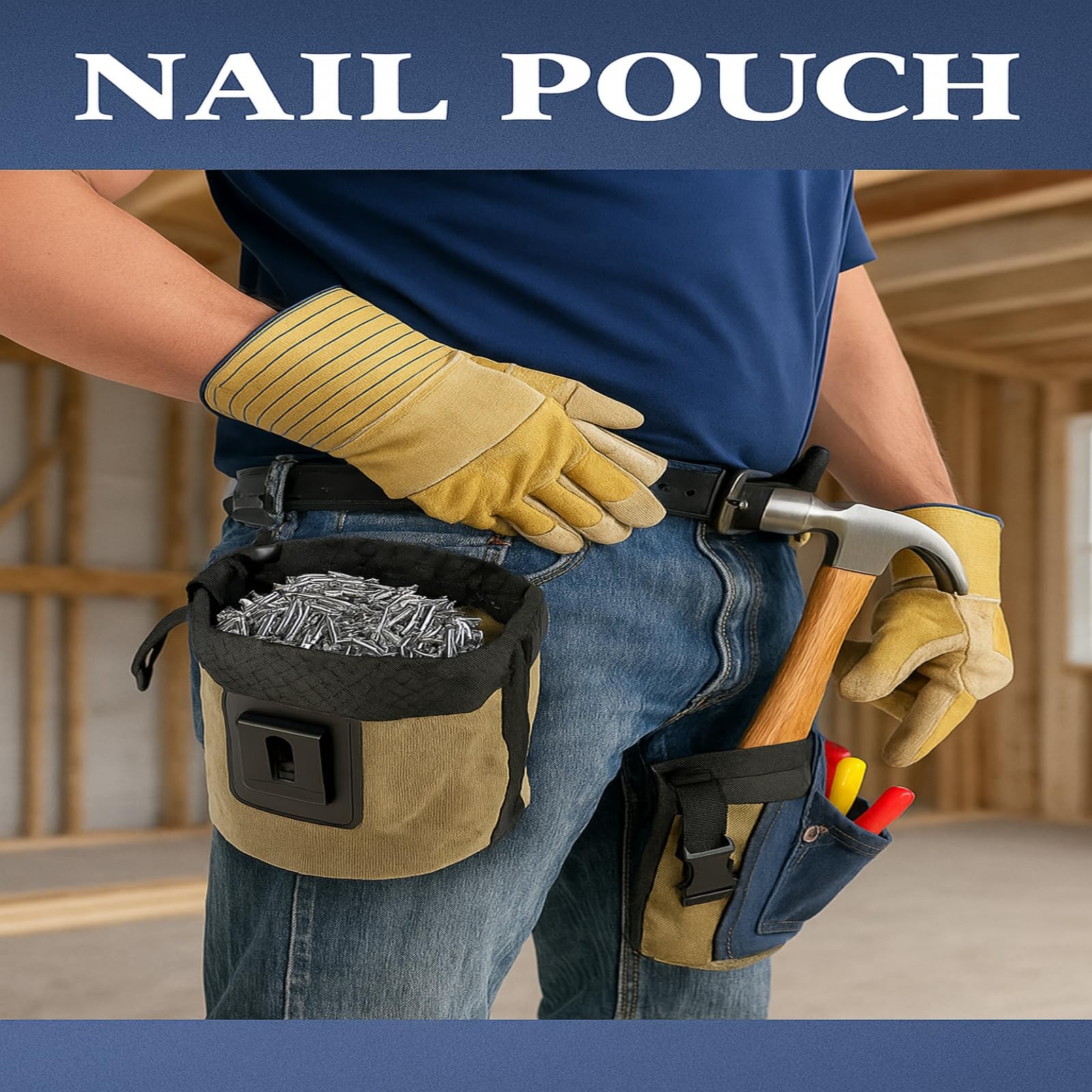 Waxed Canvas Nail/Screw Pouch, Tool Pouch with Belt Clip, 5 x 5 x 8 Inch Roun…