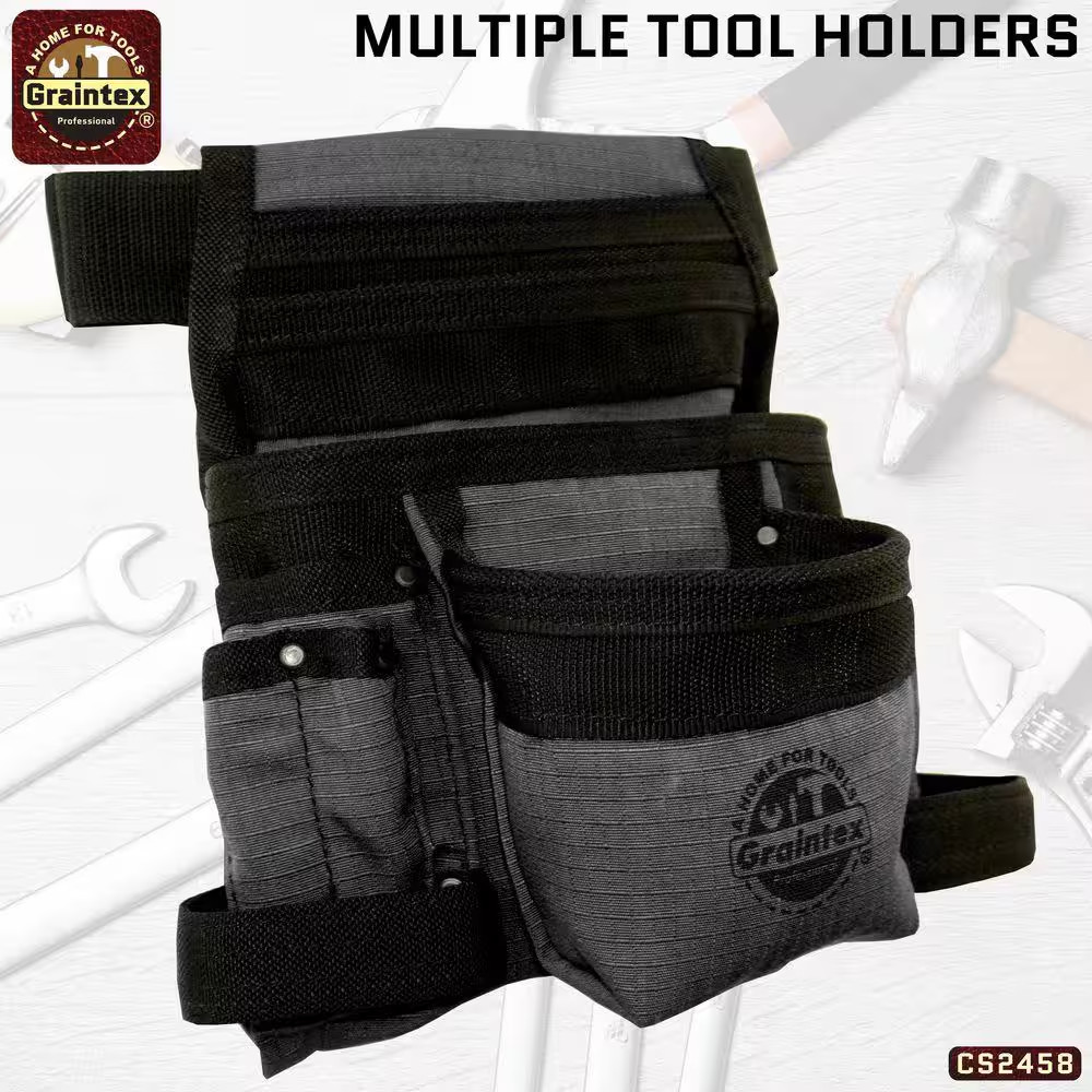 10-Pocket Black Canvas Finisher Tool Pouch with Belt