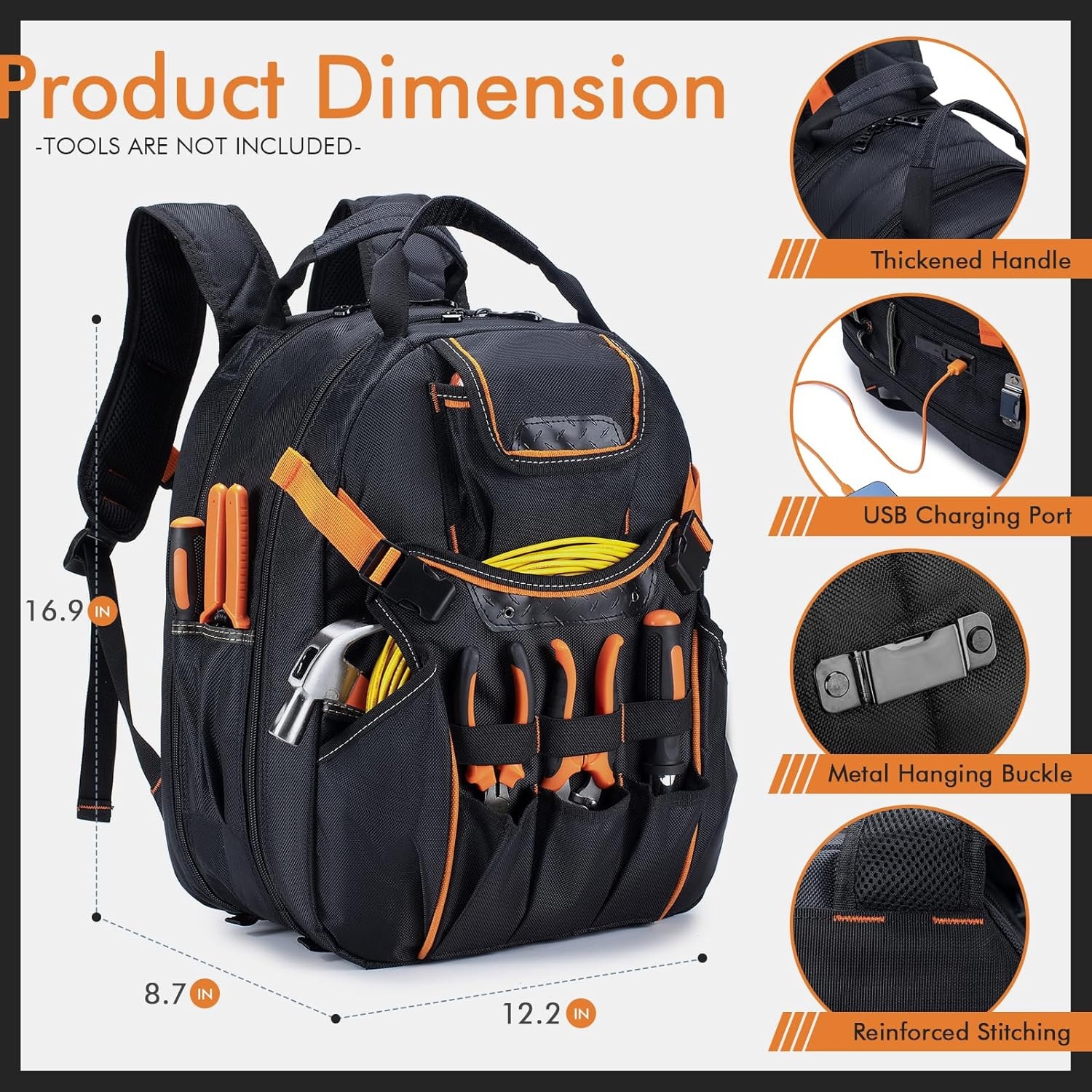 Durable 52 Pocket Tool Backpack with Waterproof Base – Red for Men