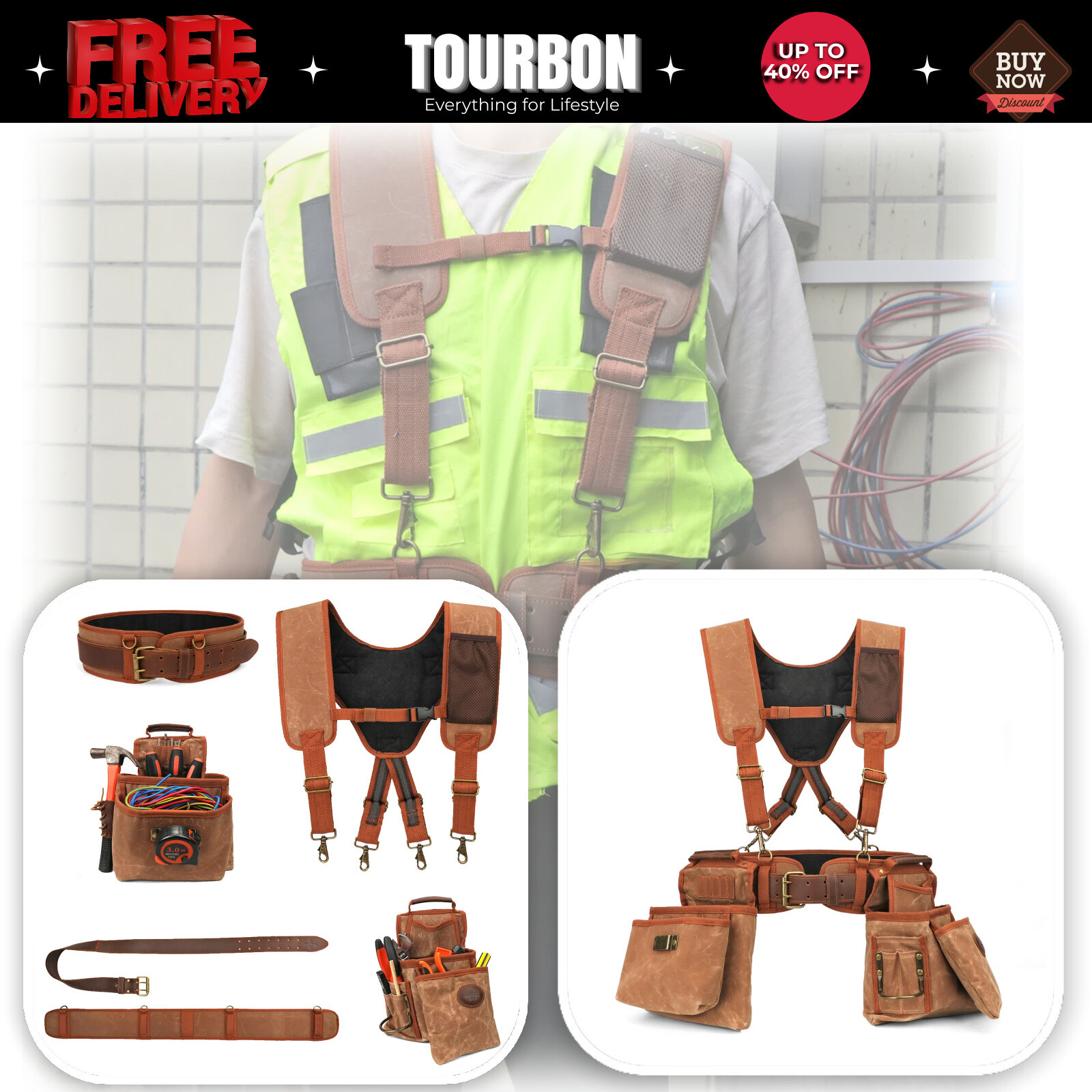 TOURBON Electrician/Carpenter/Framer Tool Construction Bag Suspender Rig Beltbag